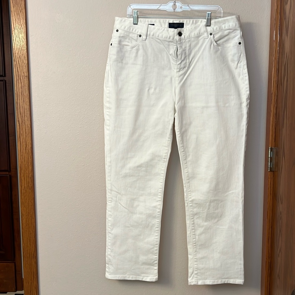 Talbots size 16, white jeans, signature line.